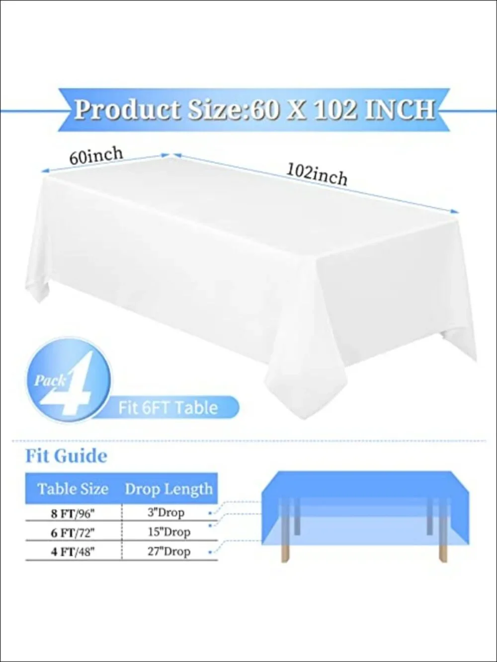 4 Pack Polyester Tablecloth 60x102 for 6 Foot Rectangle Tables Washable